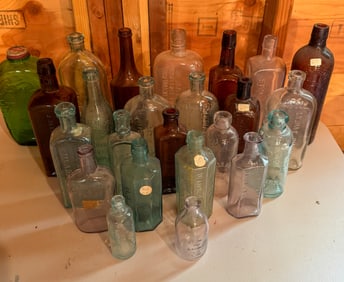 24 Antique Glass Bottles Amber Clear Purple Aqua