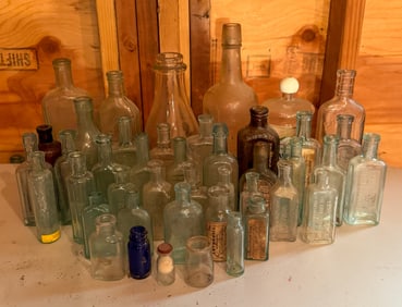 45 Antique Glass Bottles Amber Clear Aqua Blue