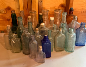 29 Antique Glass Bottles Amber Clear Aqua Blue