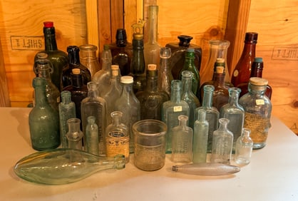 38 Antique Glass Bottles Amber Green Aqua Clear