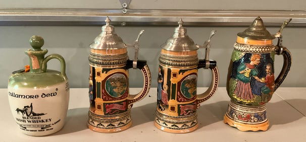 2 Beer Steins, Music Box and Whiskey Bottle