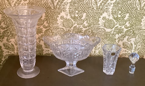 Lot of 4 Crystal Glass Vases, Compote and Decanter