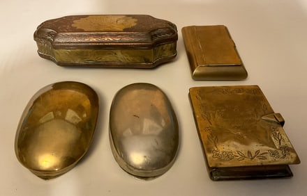 5 Brass Snuff And Tobacco Boxes