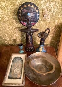 Wood statue, Bronze cup, Tray, Candle Holder
