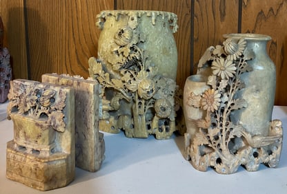 2 Carved Chinese Soapstone Vases and Bookends