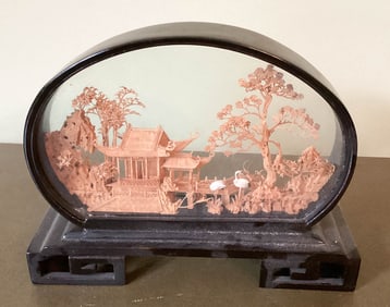 Vintage Chinese Cork Carving Diorama Stork