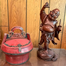 Chinese Wooden Lunch Basket And Carved Buddha