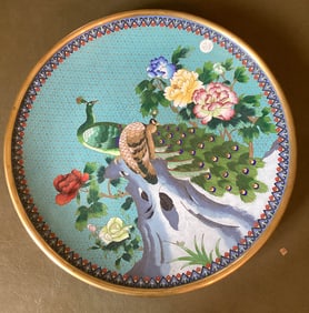 Chinese Large Peacock Cloisonne Charger Plate