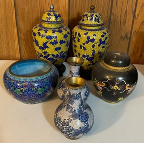 6 Chinese Cloisonne Decorative Vases And Jars