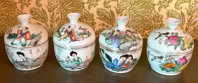 4 Famille Rose Chinese Porcelain Lidded Bowls