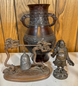 Chinese Bronze Dragons, Hotai Buddha, and Vase