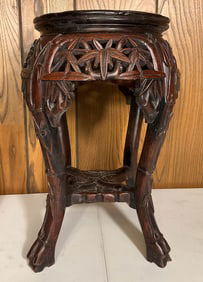 Carved Wooden Chinese Pedestal Table Marble Top