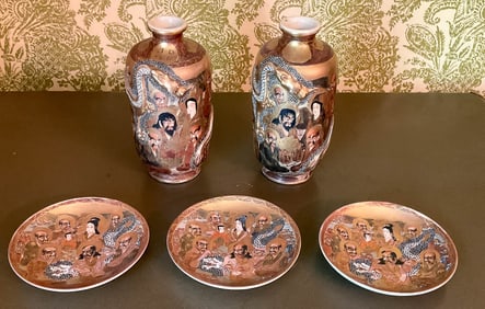 5 - 2 Japanese Satsuma Vases 3 Satsuma Ware Plates