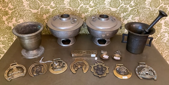 10+ Brass Bronze Items, Asian Food Warmers, Mortar