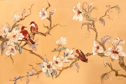 Asian Painting on Canvas of Bird, Bamboo Style