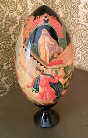 Large Hand Painted Russian Lacquered Wooden Egg