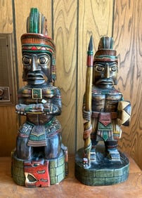 2 Aztec Mayan Hand Painted Sculptures