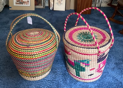 2 Colorful Lidded Straw Baskets