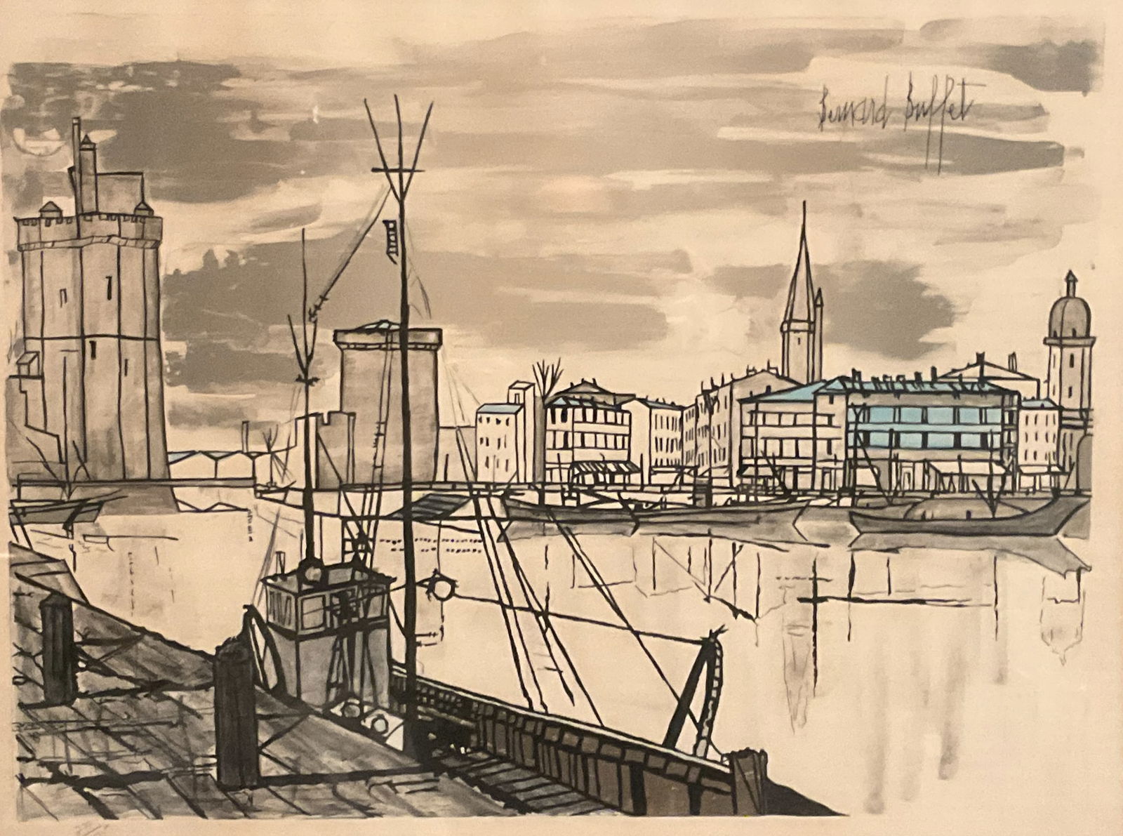 Bernard Buffet, Colored Lithograph after D'Apres: Bernard Buffet, Colored Lithograph after D'Apres, Le Porte de le Rochelle, cityscape harbor scene, signed upper right "Bernard Buffet"edition "279/375" in lower left, 17" x 22.5" sight size, 25.5" x 3