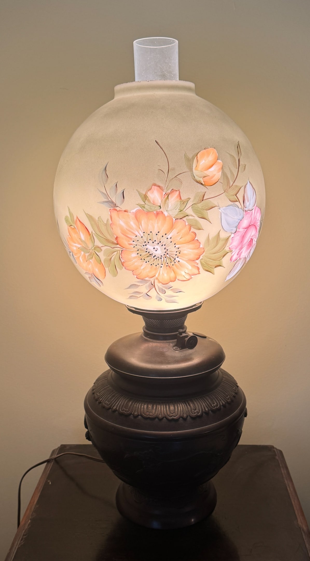 Hurricane Globe Lamp With Floral motif: Hurricane Globe Lamp with Floral motif 26" x 10" diameter, working
