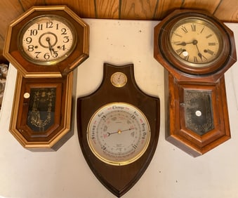 2 Wooden Wall Clocks and 1 Barometer