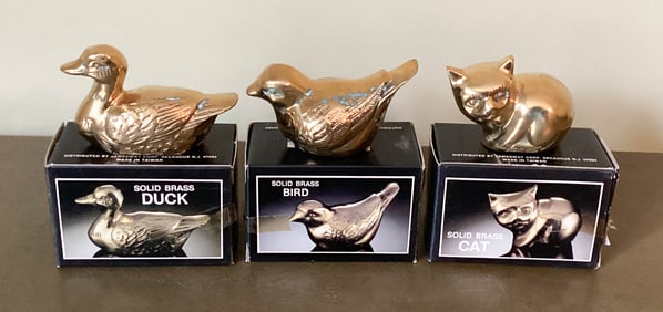 3 Solid Brass Bird, Duck and Cat Figurines