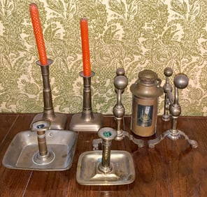 7 - Brass Candle Holders, Copper Oil Lantern,