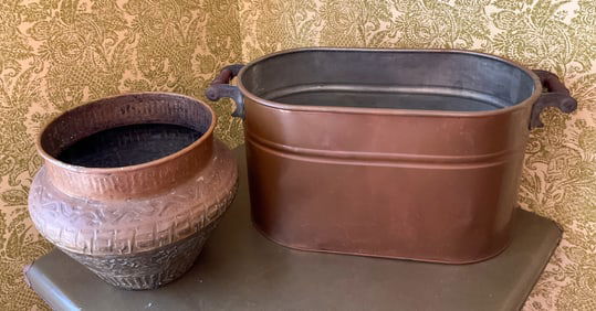 Brass Planter and Copper Utility Storage Basket