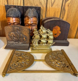 5 Sets of Bronze Brass and Wooden Bookends