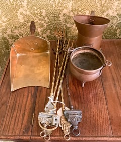 Copper Pitcher, Bowl, Brass Dustpan, Brass Forks