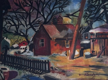 Mid Century Oil On Board Snow Covered House