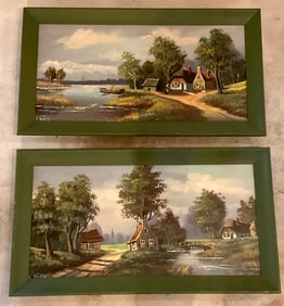 Pair of M Kahn, Oil on Canvas, Village Scene