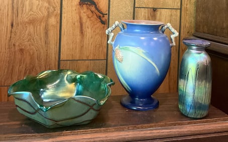 Roseville Pinecone Vase And 2 Art Glass Pieces