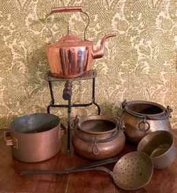 7 Copper Kettle Trivet, 3 Copper Pots, Ladle