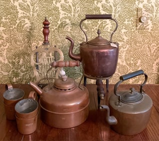3 Copper Kettles, Trivets, and 4 Copper Mugs