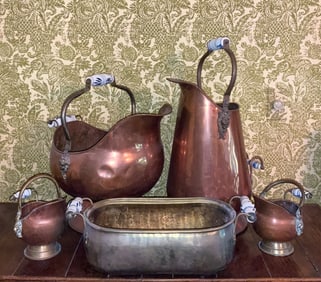 5 Copper and Brass Pitchers Blue/White Handles