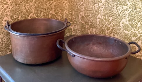 2 Large Copper Bowls Cast Iron Handles
