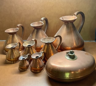 8 Copper Pitchers and 1 Bed Warmer