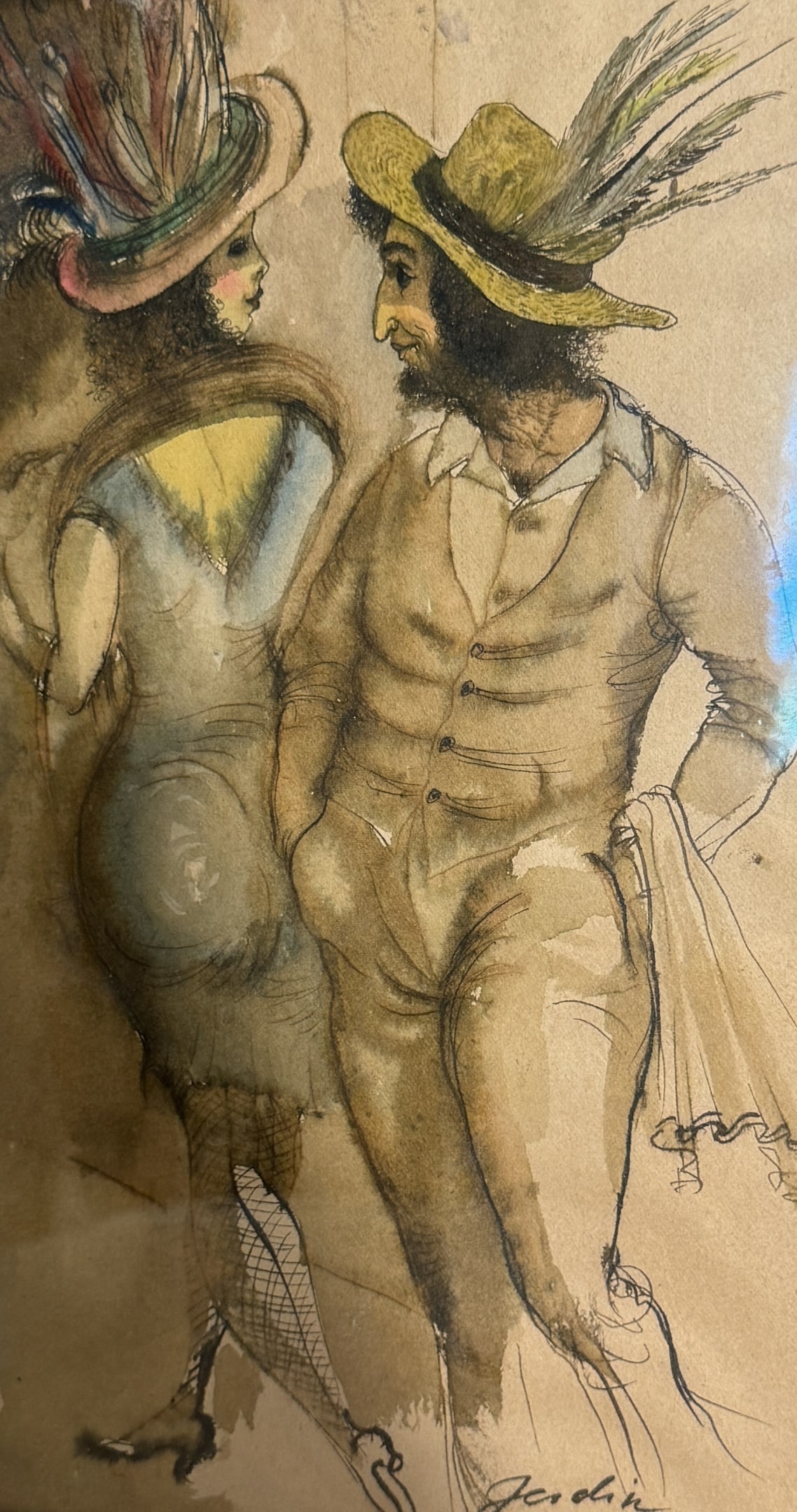 Jardin, Watercolor and Ink on cardboard, erotica: Signed Jardin, Watercolor and Ink on cardboard, erotica, 14" x 18.5" x .75" framed, 13" x 7.5" sight size, damage to the frame throughout, waviness to cardboard