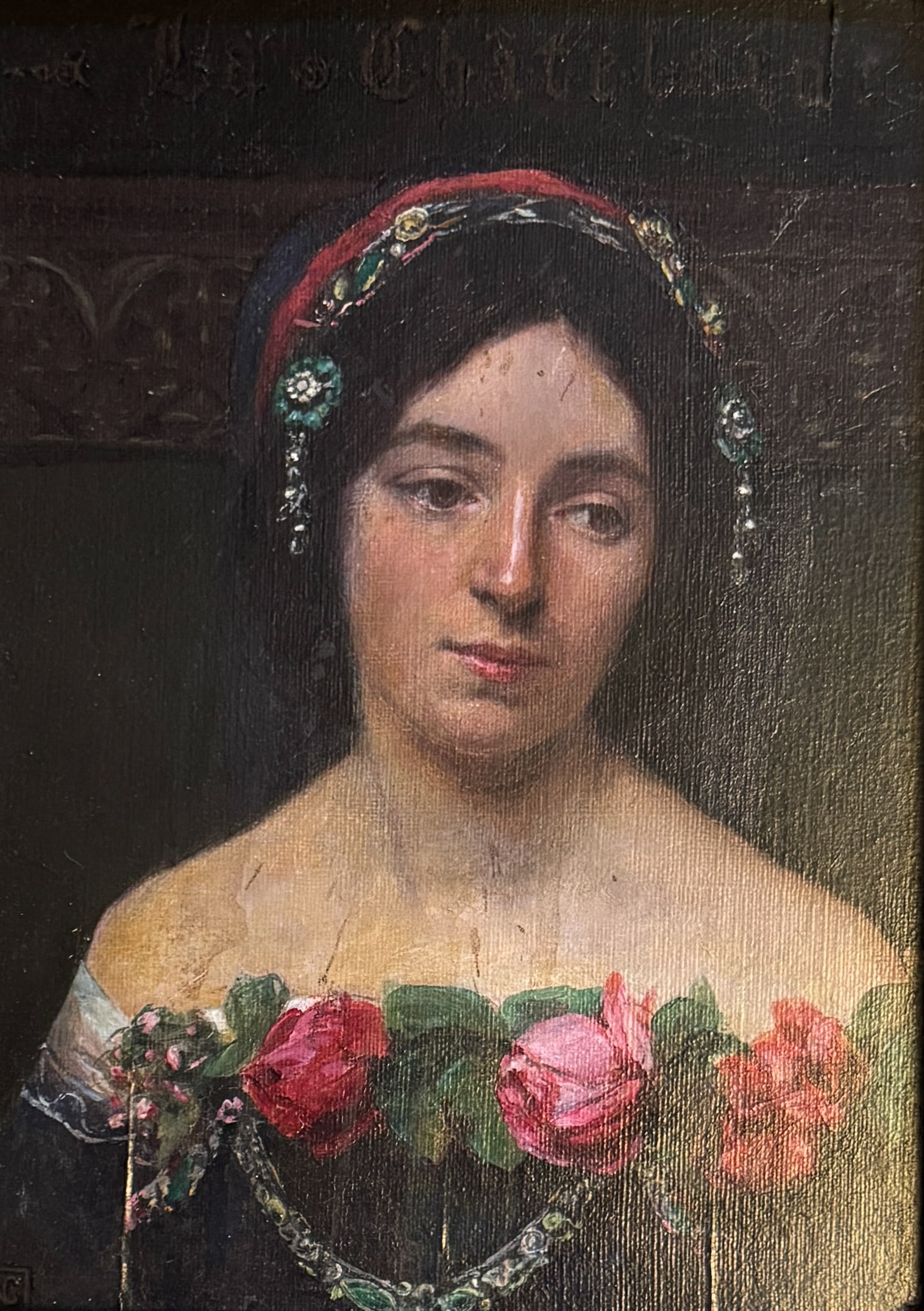 La Chatelaine Oil On Board Portrait Of A Woman: La Chatelaine - oil on board portrait of a woman, signed "JC" lower right, 11.5" x 8.5", 16.5" x 13.25" x 2" framed cracks to the frame.