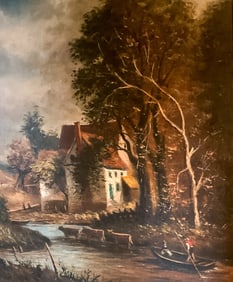 L Saelans Oil on Canvas, Cows in Stream