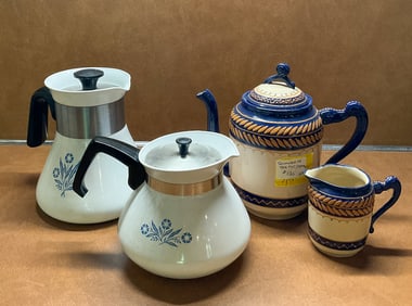 2 Corning Ware Coffee Pots and Quimper Teapot and