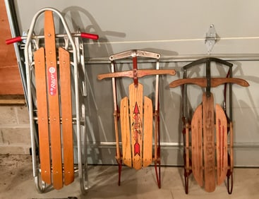 3 Wooden Sleds, Speedway, Flexible Flyer, Duraline