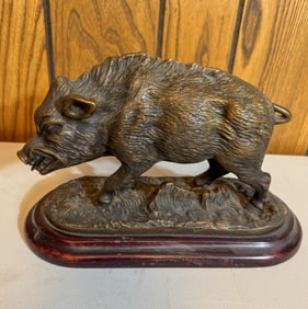 Bronze Boar On Wood Plinth Aninai Emlek