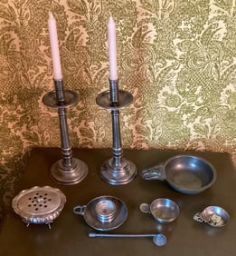 Lot of 8 - Pewter Candle Holders, Royal Etain Pewter Wine Tasting Cups (2), 1 Porridge Bowl, & Pewte