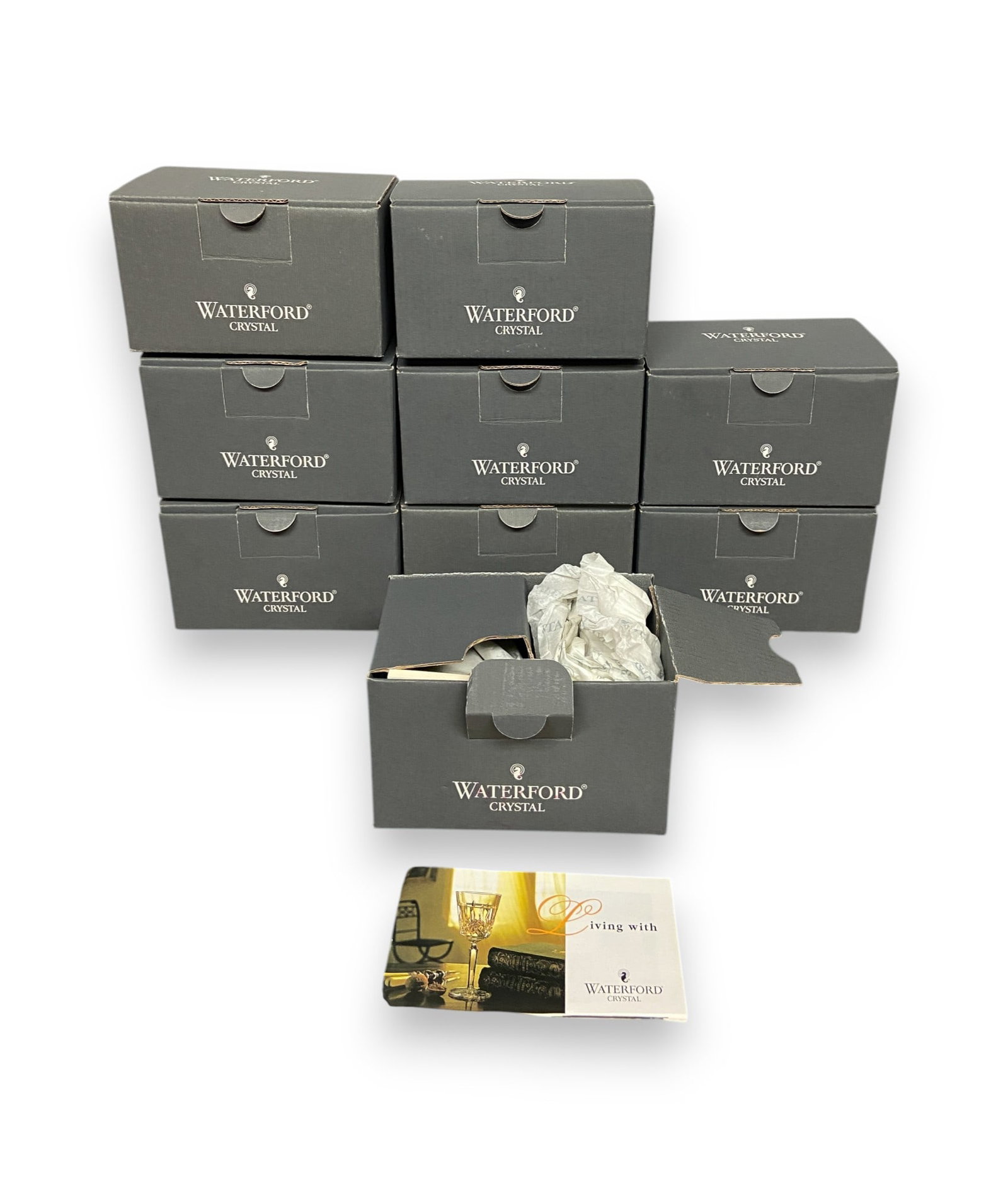 20+ Waterford Crystal Place Card Holders: Ten boxes of Waterford crystal place card holders in Lismore pattern. Eight boxes brand new with two place cards each in original packaging and Waterford blank paper tags in sealed plastic. Two boxes 