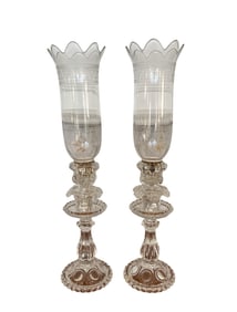 Pair of Baccarat Etched Hurricane Candlesticks