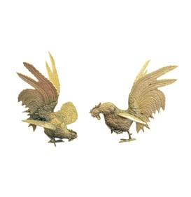 Pair of White Metal Fighting Roosters