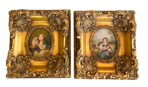 Pair of Pastoral Portraits in Gilt Frames
