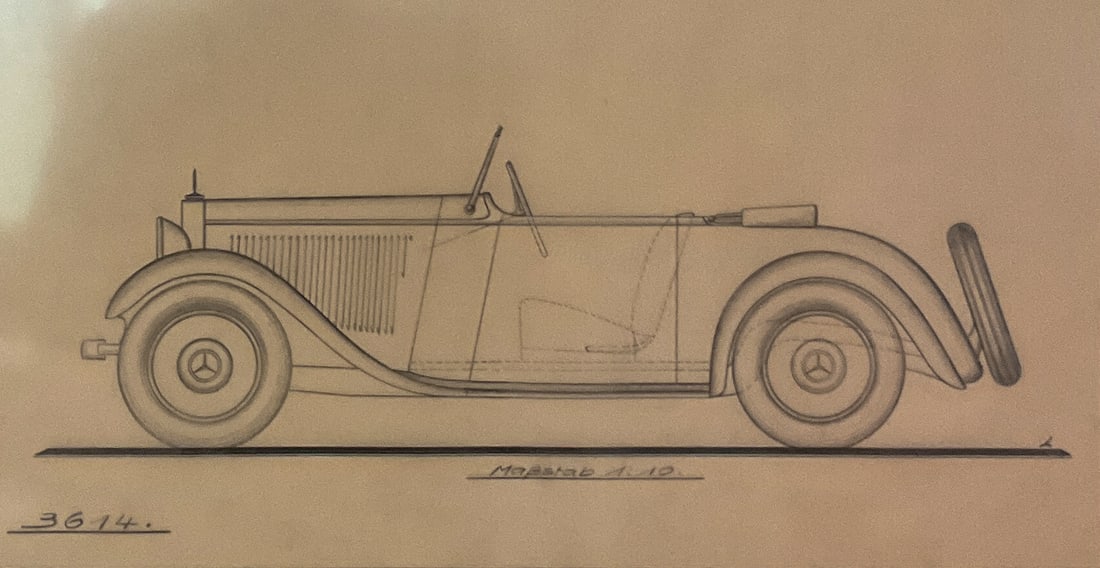 Original Drawing Mercedes Benz Sport-Cabriolet: Blueprint drawing, Mercedes Benz Sport-Cabriolet, c. 1930s. Info on verso, "Original drawing from the design studio of Reutter Carosserie-Werke, based in Stuttgart, Germany." Some discoloration to par
